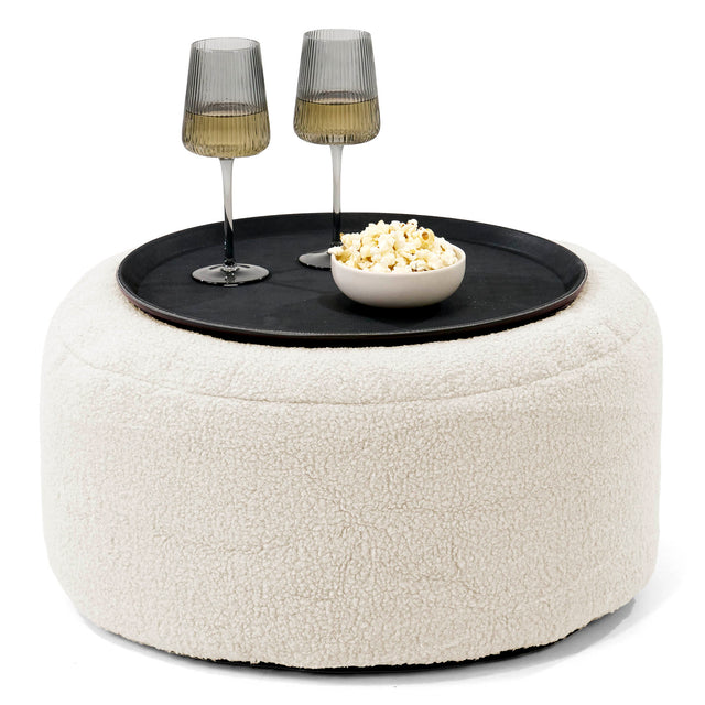 Ottoman Puff med Serveringsbrett - Bouclé Elfenben - 01