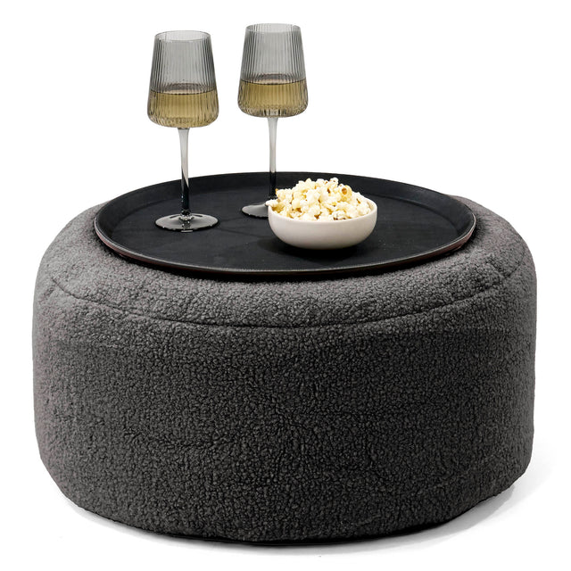 Ottoman Puff med Serveringsbrett - Bouclé Grafitt - 01