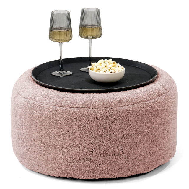 Ottoman Puff med Serveringsbrett - Bouclé Rosa - 01