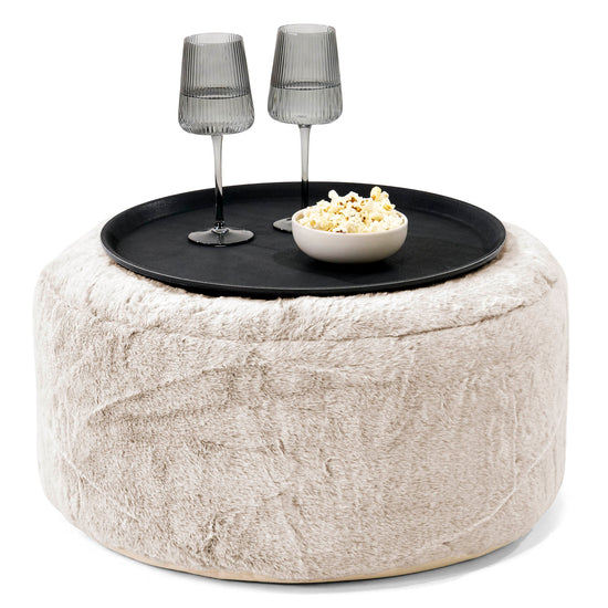 Ottoman Puff med Serveringsbrett - Kanin-fuskepels Gyllenbrun - 01