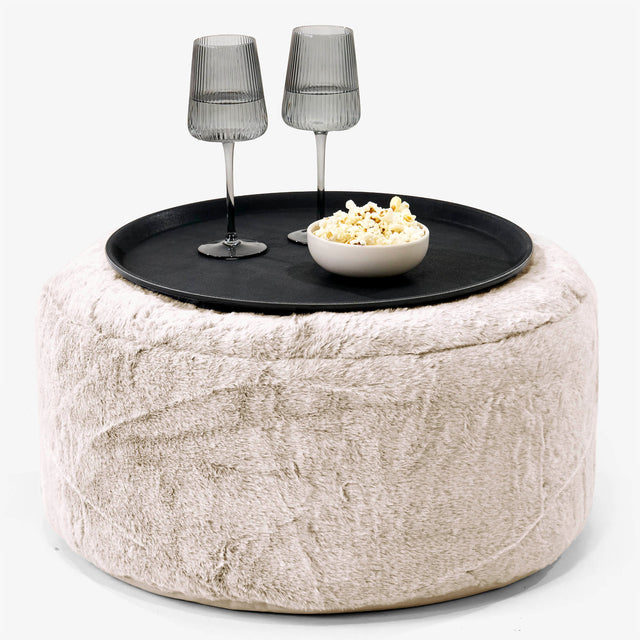 Ottoman Puff med Serveringsbrett - Kanin-fuskepels Gyllenbrun - 01