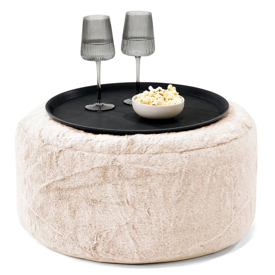 Ottoman Puff med Serveringsbrett - Kanin-fuskepels Hvit - 01