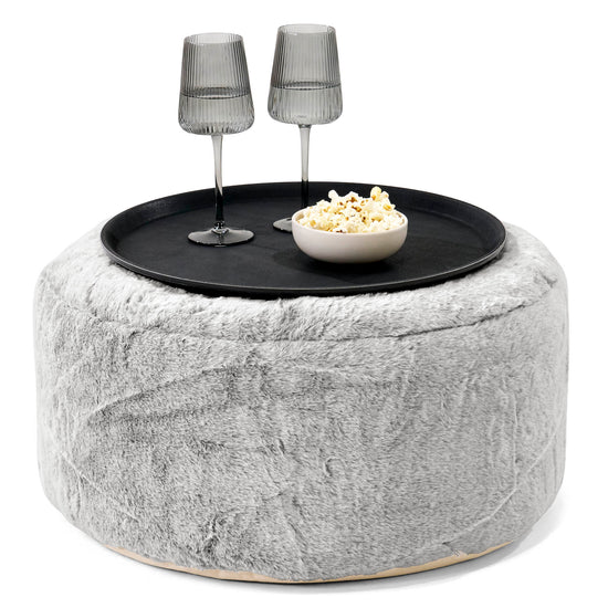 Ottoman Puff med Serveringsbrett - Kanin-fuskepels Lysegrå - 01