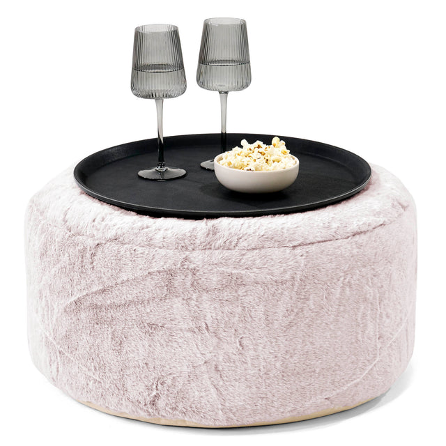 Ottoman Puff med Serveringsbrett - Kanin-fuskepels Støvete Rosa - 01