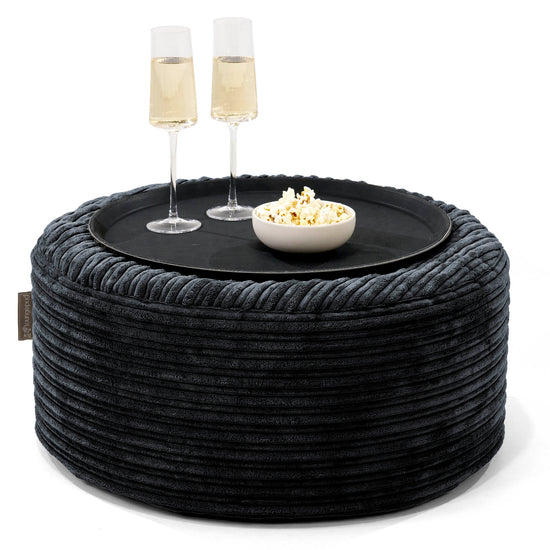 Ottoman Puff med Serveringsbrett - Kordfløyel Svart - 01