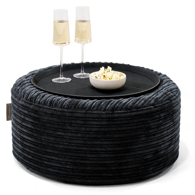 Ottoman Puff med Serveringsbrett - Kordfløyel Svart - 01