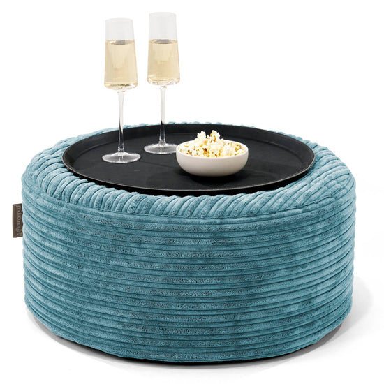 Ottoman Puff med Serveringsbrett - Kordfløyel Turkis - 01