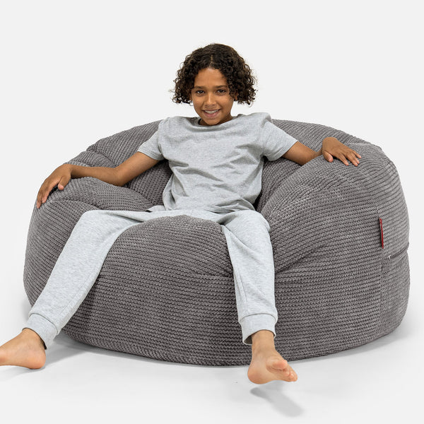 Ultra Komfortabel 'Super Størrelse Saccosekk for Barn 6-14 år - Pom-pom Koksgrå 01
