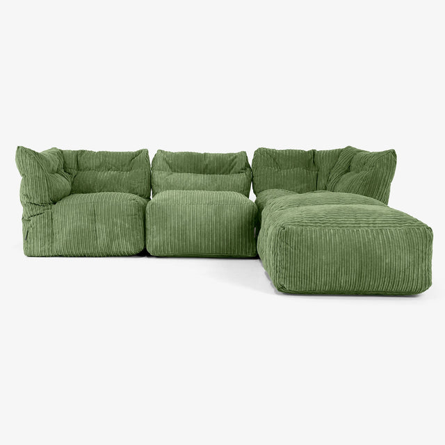 Modulsofa 3-seter med Sjeselong og Armlener - Kordfløyel Skoggrønn 01