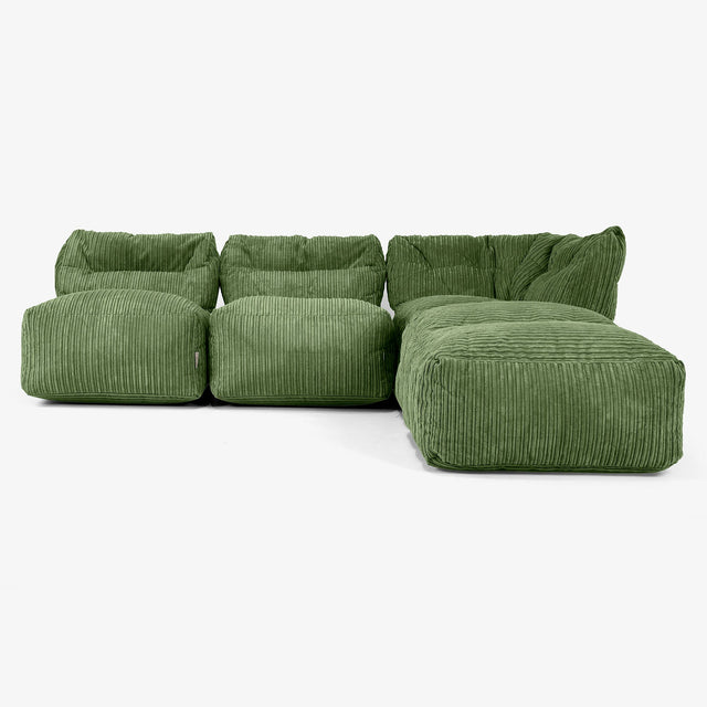 Modulsofa 3-seter med Sjeselong, uten Armlener - Kordfløyel Skoggrønn 01