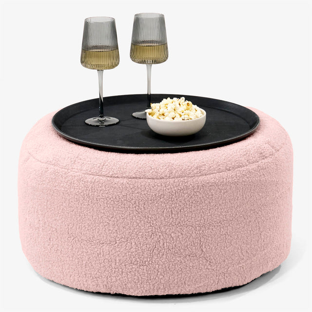 Ottoman Puff med Serveringsbrett - Bouclé Rosa - 01