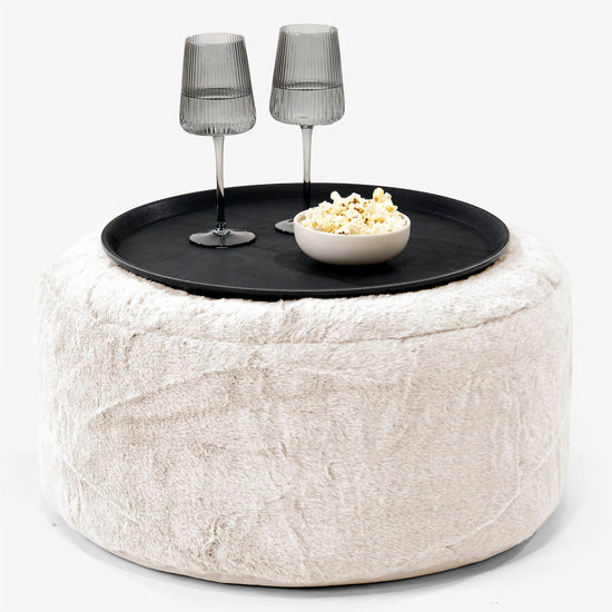 Ottoman Puff med Serveringsbrett - Kanin-fuskepels Hvit - 01