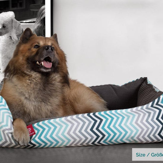 Hundekurv, Ortopedisk Memory Foam Hundeseng for Kjæledyr, Liten, Middels, Stor - Geometrisk Trykk Turkis