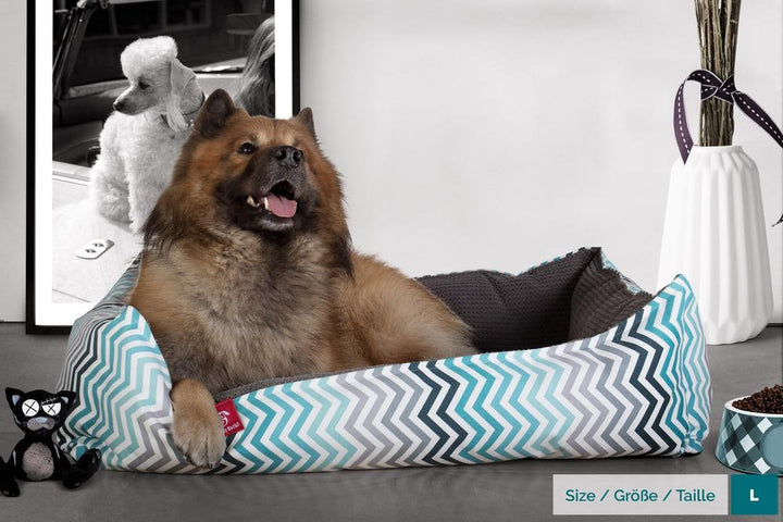 Hundekurv, Ortopedisk Memory Foam Hundeseng for Kjæledyr, Liten, Middels, Stor - Geometrisk Trykk Turkis