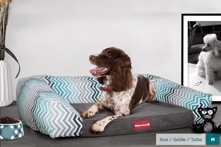 Sofaen, Ortopedisk Memory Foam Hundesofa,  Stor, Medium, XXL - Geometrisk Trykk Turkis