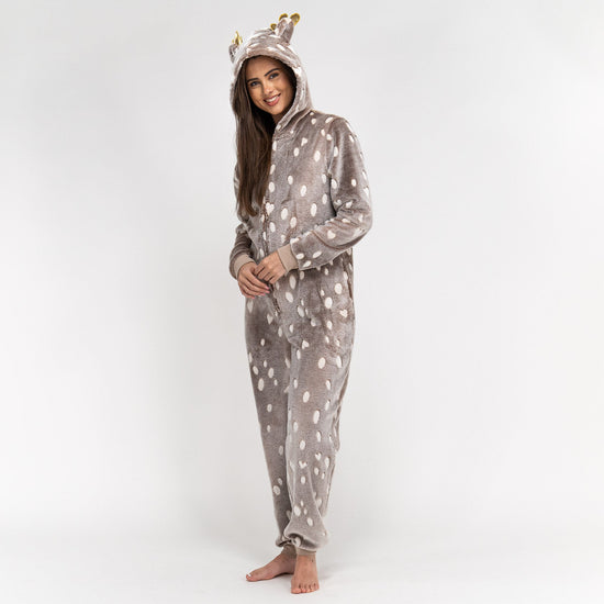 Animal Fleece Onesie til Kvinner - Reinsdyrtrykk 01