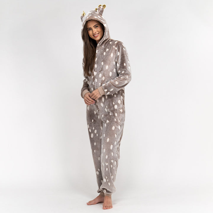 Animal Fleece Onesie til Kvinner - Reinsdyrtrykk 01