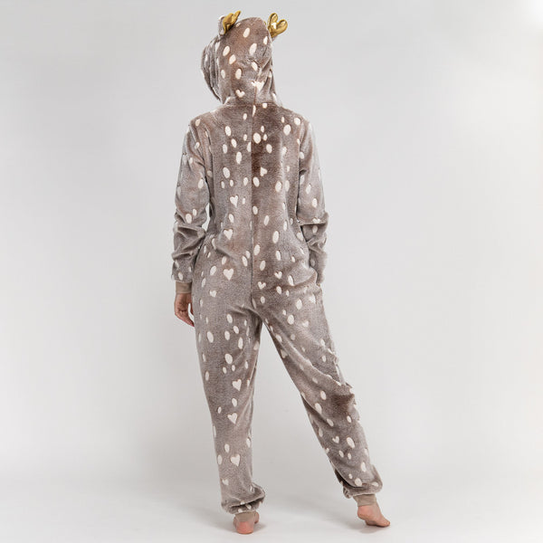 Animal Fleece Onesie til Kvinner - Reinsdyrtrykk Fabric Close-up Image