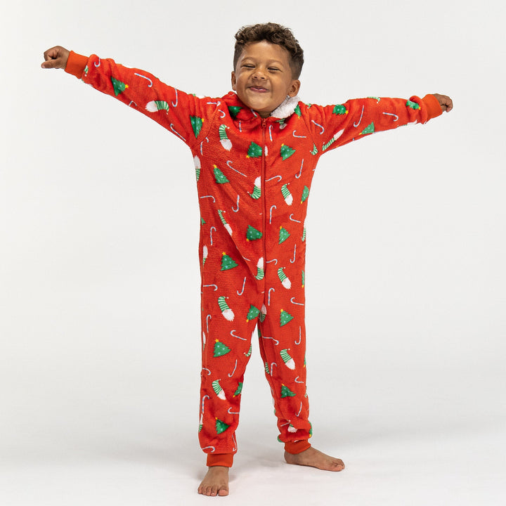Fleece Onesie for Barn - Rød Juletrykk 01