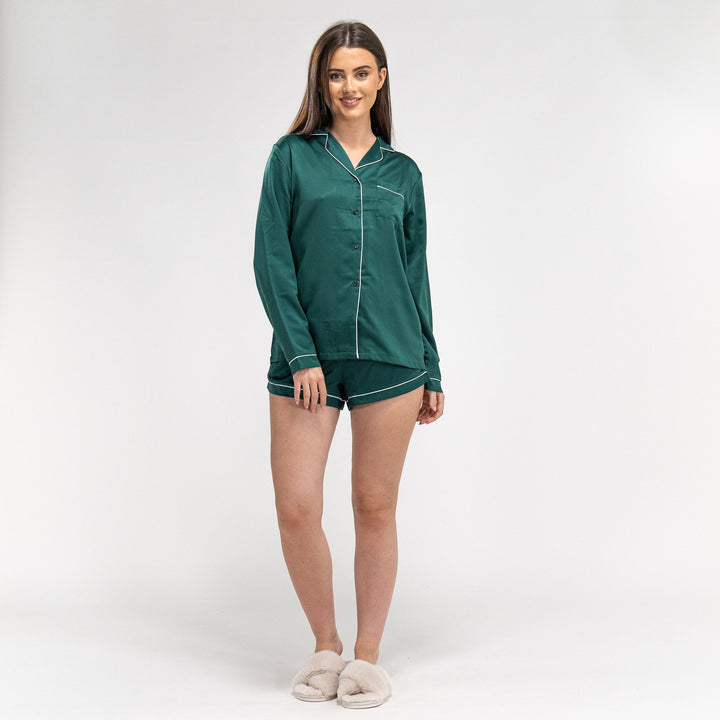 Kort Pyjamas i Sateng for Kvinner - Grønn 01