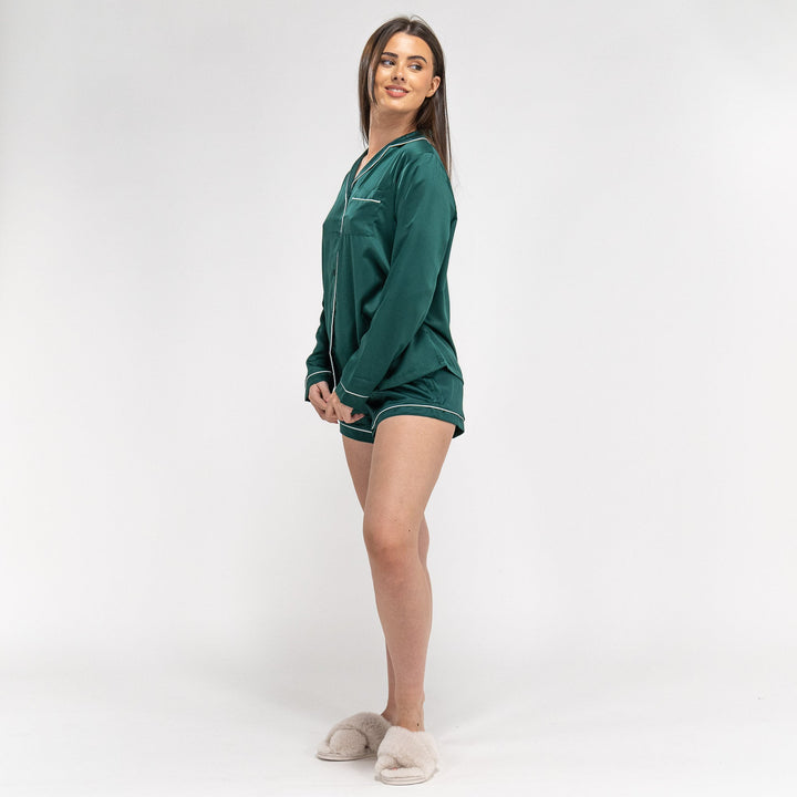 Kort Pyjamas i Sateng for Kvinner - Grønn 04