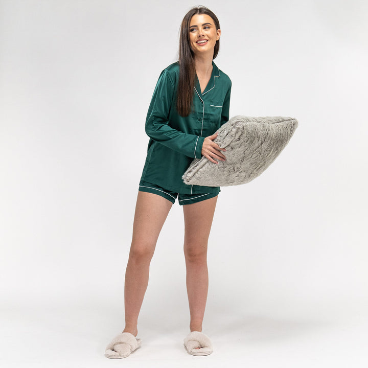Kort Pyjamas i Sateng for Kvinner - Grønn 05